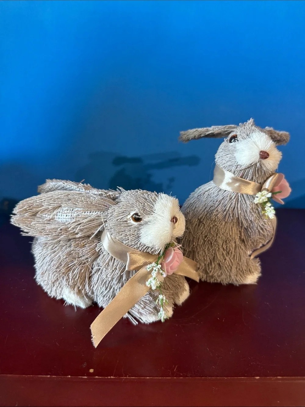 Pair of Easter Bunny Plush Figurines with Pink Rose Accents - Taupe
